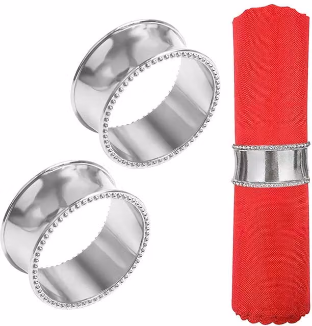 Neel Blue Silver Beaded Rim Napkin Rings, 6-Piece Set of Metal Serviette Holders – 1