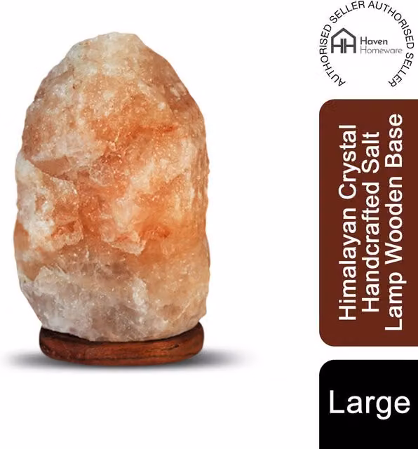 Haven Large Handcrafted Himalayan Crystal Salt Lamp with Wooden Base in Orange