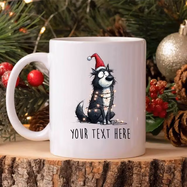 60 SECOND MAKEOVER Personalised Karelian Bear Dog Christmas Lights Santa Hat Ceramic Mug in White