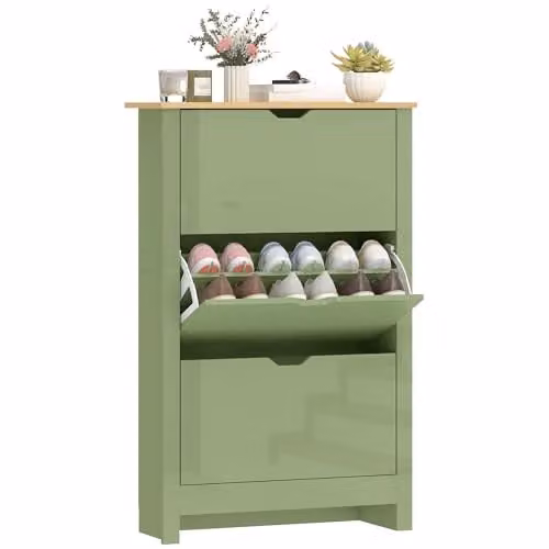 HOMCOM Green Slim Shoe Storage Cabinet with Tilting Compartments and Internal Shelves, W/D/H: 72 x 26 x 112 cm – 1