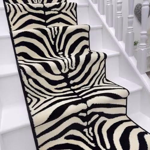 runrug Zebra Print Stair Runner, Black, W: 60 cm, L: 600 cm, Thickness: 0.9 cm – 1
