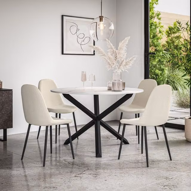 More4Homes Malvern Round Dining Table and 4 Maya Boucle Dining Chairs Set, Marble Top with Solid Oak Black Legs, Ivory