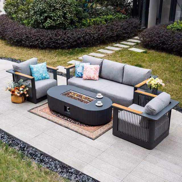 MIMO Garden Grey Rope Weave Sofa Set with Terrafab Fire Pit Table and Upholstered Cushions