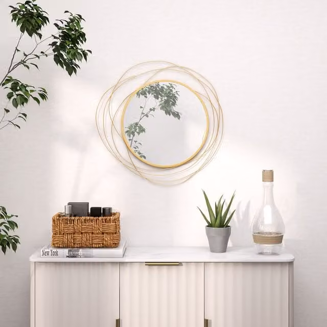 HOMCOM Gold Metal Abstract Geometric Round Wall Mirror, Diameter: 65 cm