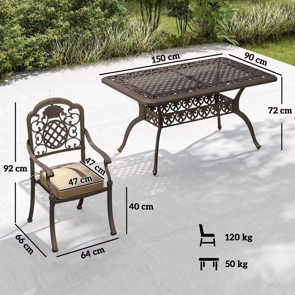 Outsunny Retro Bronze Outdoor Dining Set with Cushions and Parasol Hole, Powder Coated Aluminium, W/D: 150 x 90 cm – 4