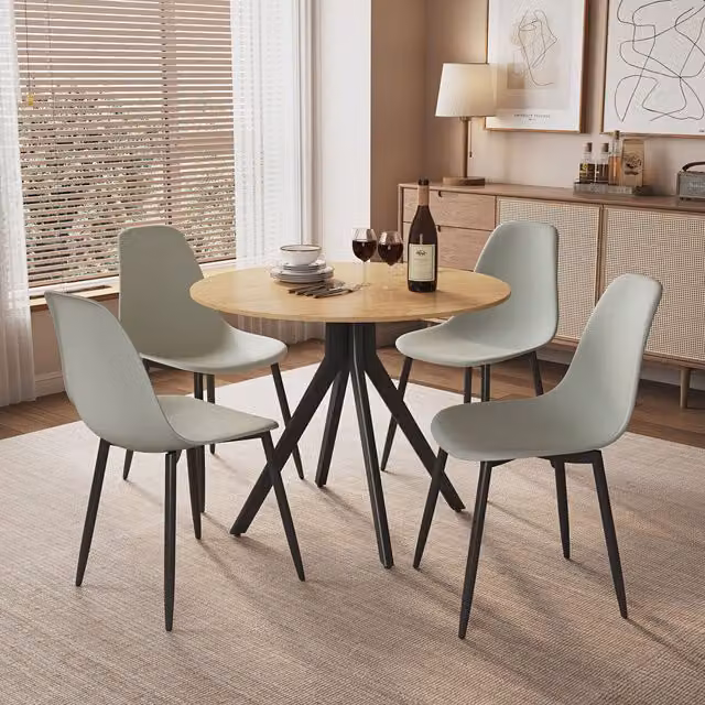 Aspen Light Oak Round Dining Table and 4 Grey Curve Chairs Set