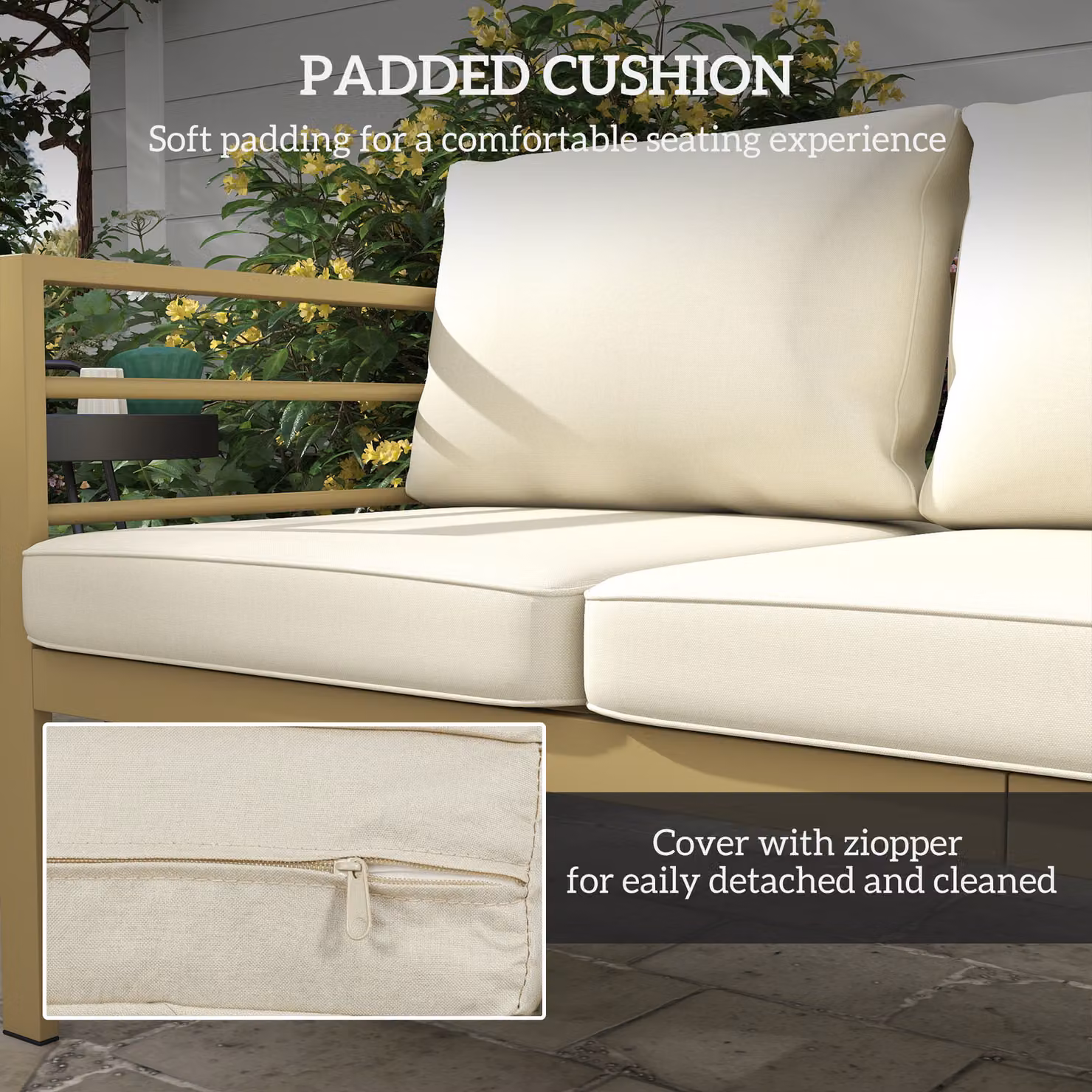 Outsunny 3-Seater Garden Bench with Cushions in Cream White, W: 185 cm, D: 66 cm, H: 64 cm – 4