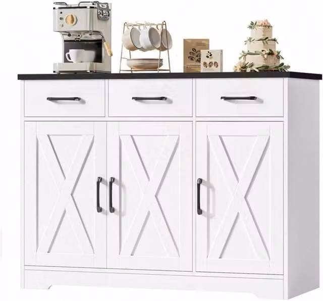 PAWNORA Kitchen Cabinet with 3 Drawers and 3 Doors in White and Black