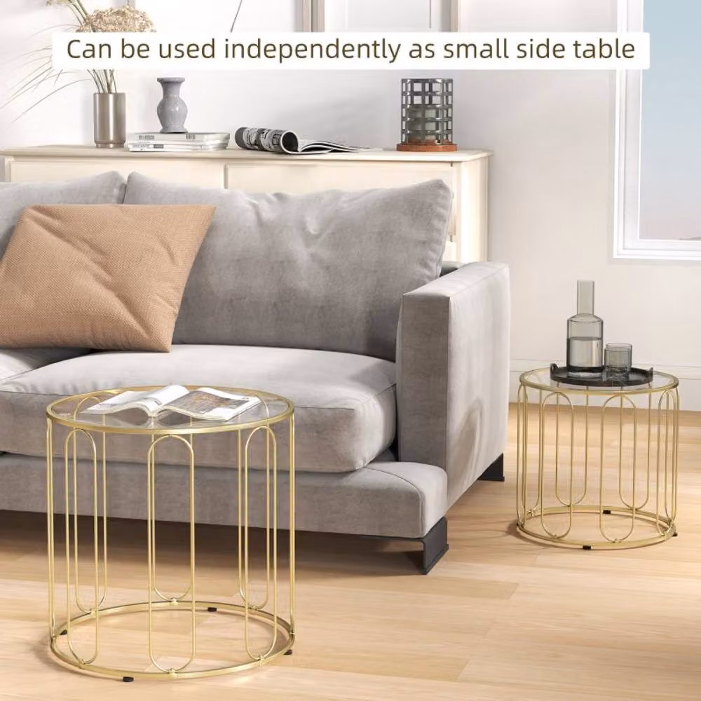 STILVORA Set of 2 Modern Round Nesting Coffee Tables with Gold Metal Frames and Glass Tops – 2