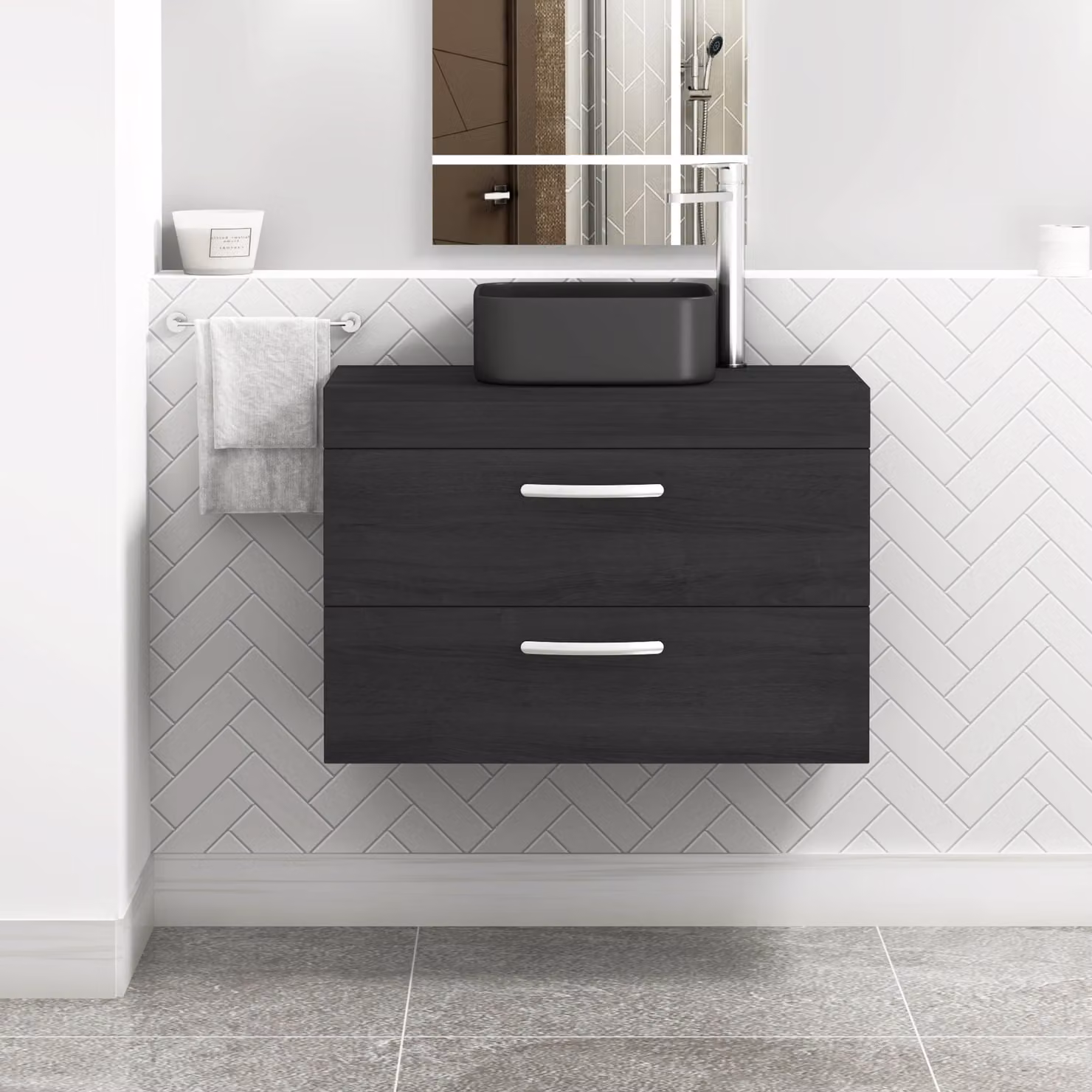 Royal Bathrooms Hale 800mm Wall Hung 2 Drawer Vanity Unit in Matt Black with Art Square Countertop Basin