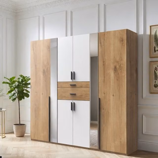 Odessa Planked Oak and White 6 Door Wardrobe with Mirror, W: 270 cm