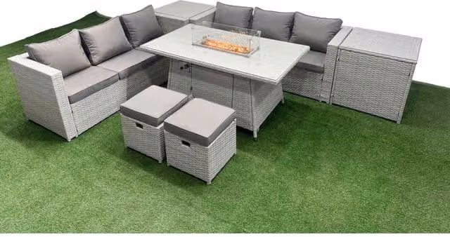 Fimous PE Rattan Outdoor Lounge Set in Light Grey with 3-Seater Sofa and Firepit Table