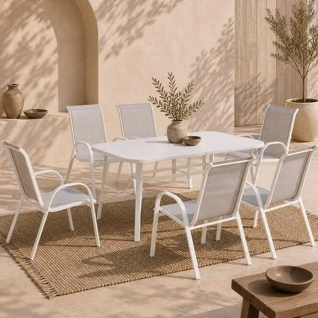Wyld Haus Niseso 6 Seater Outdoor Dining Set in White Metal and Light Grey Mesh