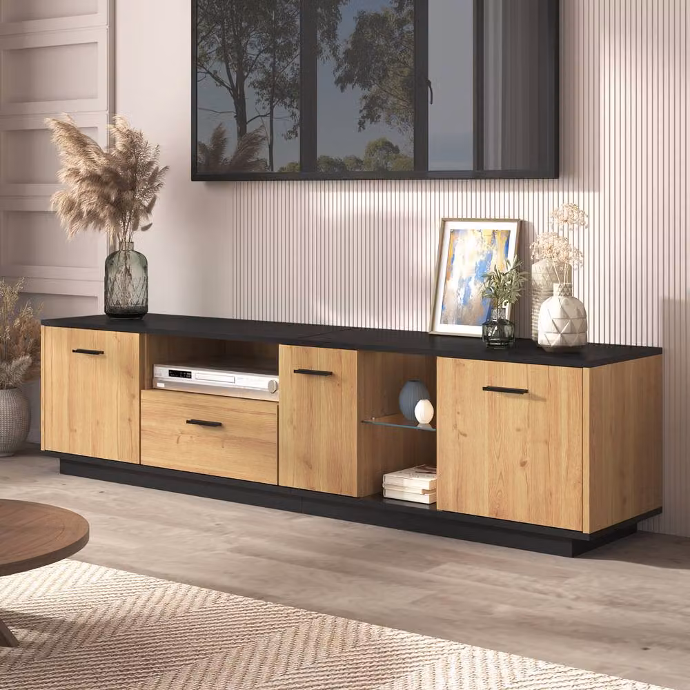 Matteo Retro TV Unit with LED Lights in Black and Wood Effect Finish – 3