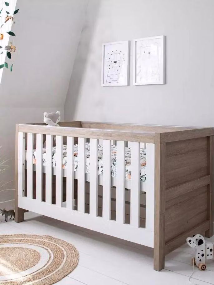 Modena 3 in 1 Cot Bed in White and Oak with 3 Position Base and Drop Side