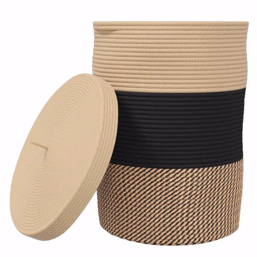 Berkfield Cotton Home Storage Basket with Lid in Black and Beige, W: 37 cm, H: 50 cm – 3