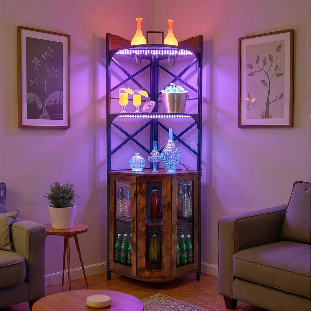 FLAVORA Brown 5 Tier Corner Wine Cabinet with Glass Doors and Integrated Lighting – 2