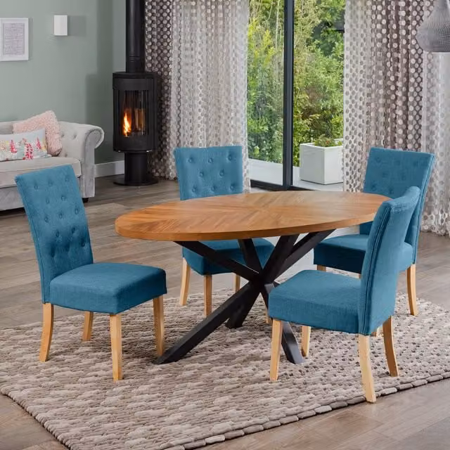 Artemis Home Dosenna Oval Dining Table Set with 4 Pienza Fabric Chairs in Petrol Blue