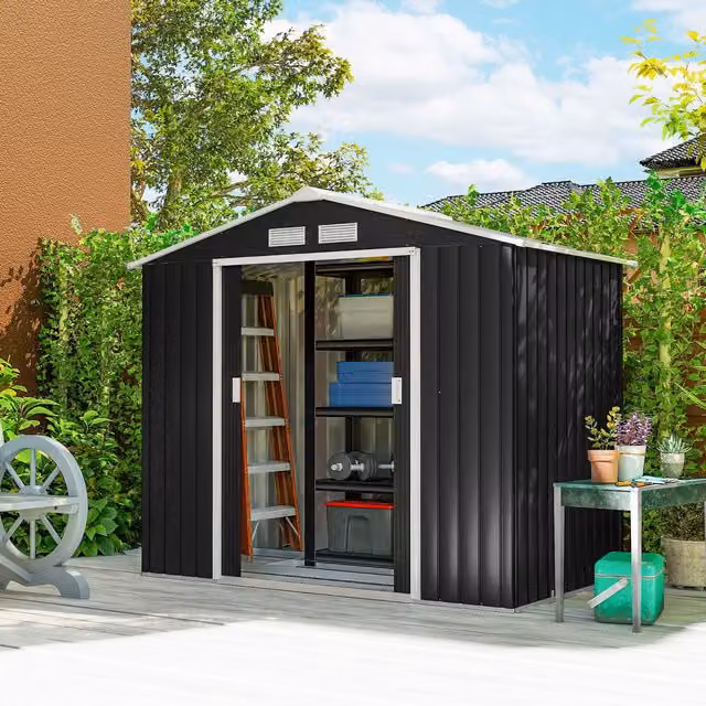 OUTSUNNY Galvanised Steel Garden Shed Storage Unit in Anthracite Grey with Sliding Locking Doors and Side Vent