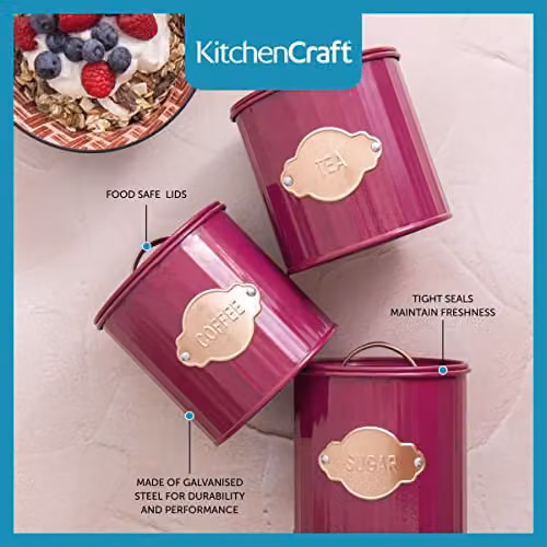 KitchenCraft 3-Piece Airtight Metal Storage Canister Set in Red or Purple – 2