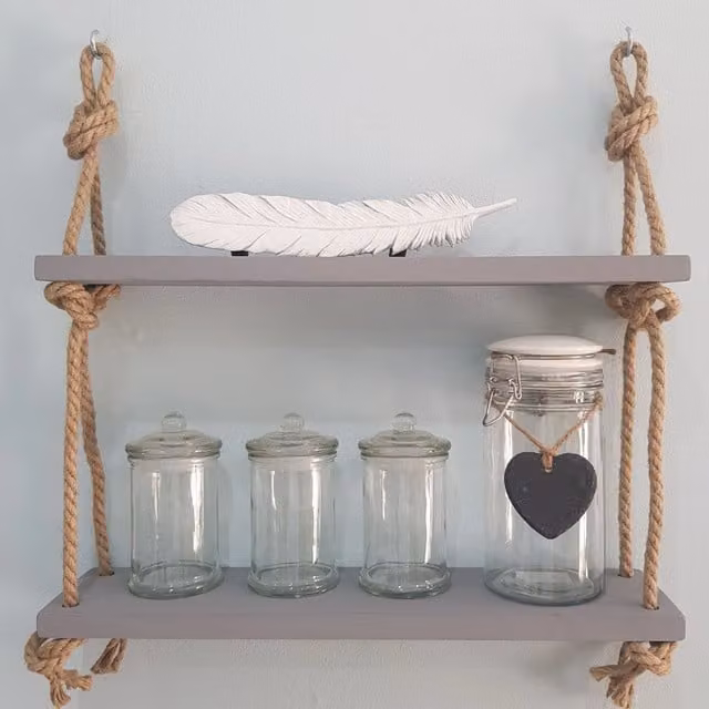 Borewood Two Tiered Grey Nordic Wooden Rope Wall Mounted Shelves, W: 70 cm
