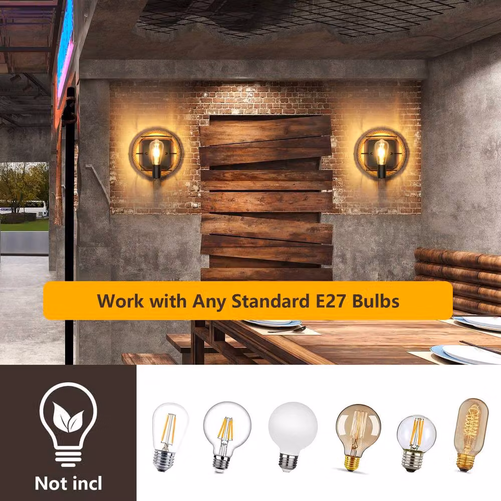 COMELY Vintage Industrial Wall Lights in Black with Hemp Rope and E27 Socket – 4