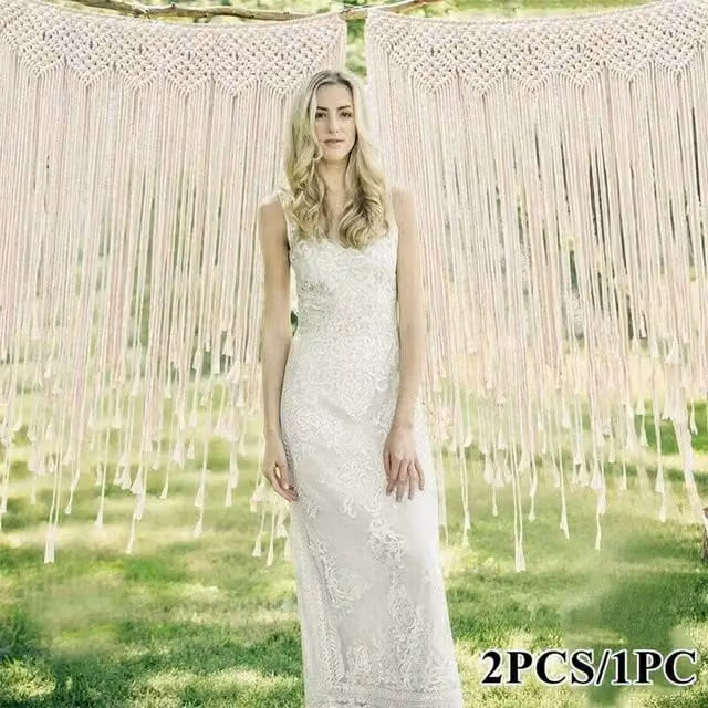 FLAVORA Boho Macrame Beaded Door Curtain in Cream Cotton, W: 115 cm, H: 135 cm