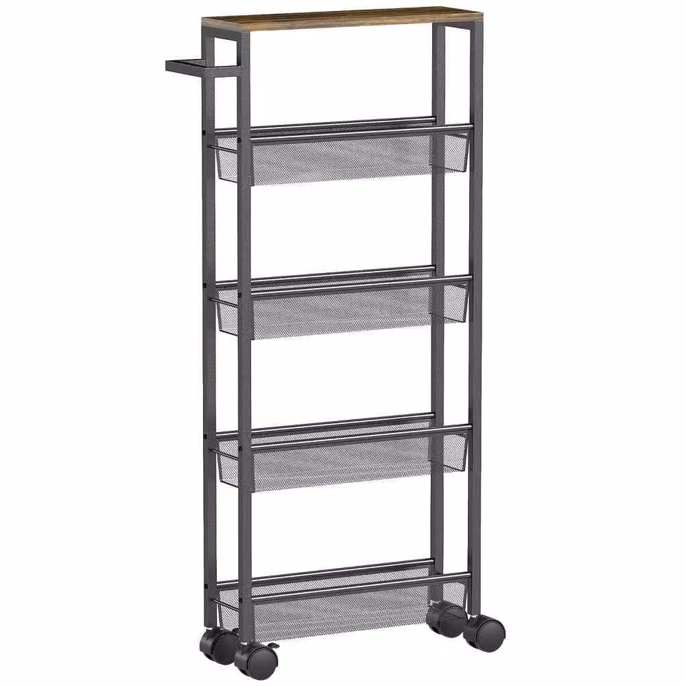 Wyld Haus Raelno 5 Tier Slim Storage Trolley in Black Metal with Rustic Wood Effect Top, W/D/H: 13.0 x 13.0 x 96.5 cm – 2
