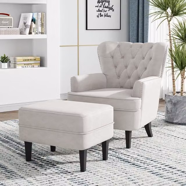 Livingandhome White Tufted Velvet Armchair with Matching Ottoman and Cushion