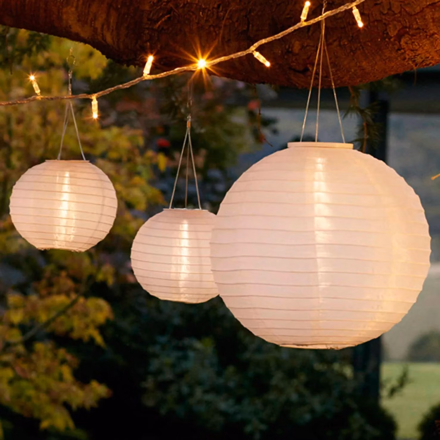 Lights4fun Set of 3 White Metal Solar-Powered Hanging Garden Lanterns with Warm White LEDs – 1