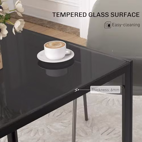 HOMCOM Modern Square Dining Table with Black Tempered Glass Top and Metal Legs, W/D/H: 75 x 75 x 80 cm – 4