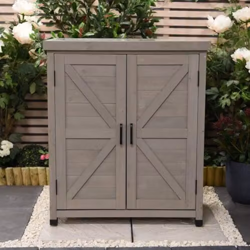 Garden Gear Grey Wooden Garden Storage Cabinet with 2 Internal Shelves and Hinged Doors, H 93 cm x W 80 cm x D 45 cm – 4