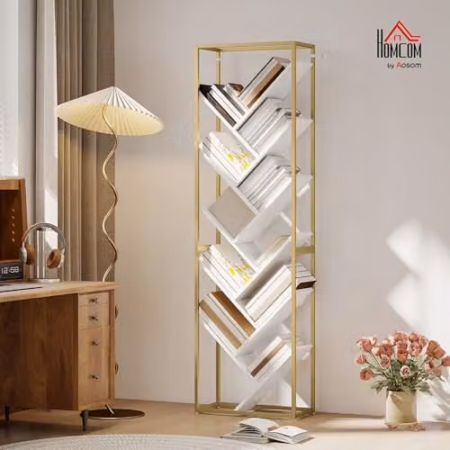 HOMCOM 10 Tier Tree Bookshelf Tall Display Bookcase in White and Gold Tone, H: 170 cm, W: 50 cm, D: 24 cm – 2
