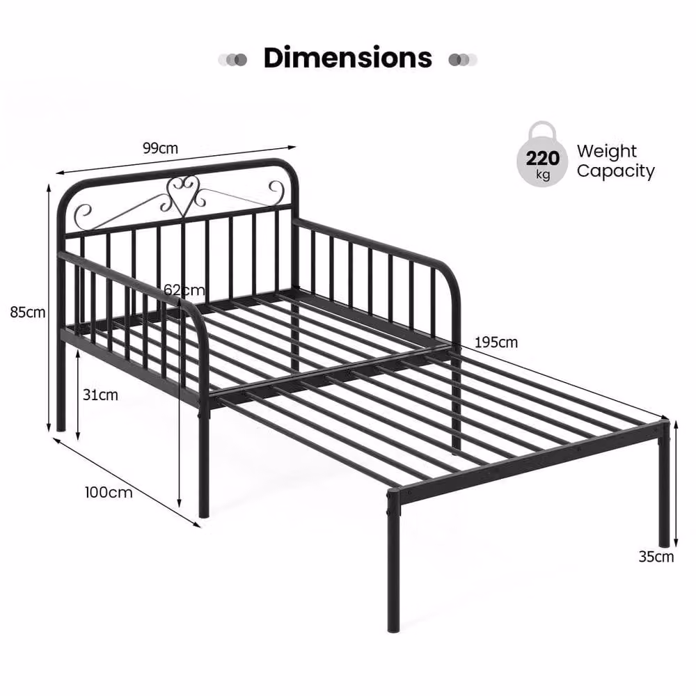 KORVIXA Metal Extendable Daybed in Black, W/D/H: 90 x 200 cm – 2
