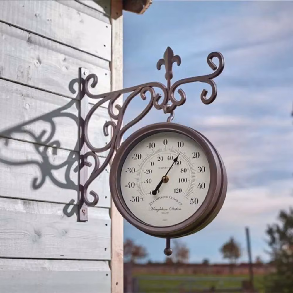 Marco Paul Antique Brown Round Metal Station Clock and Thermometer, Diameter: 35 cm – 1