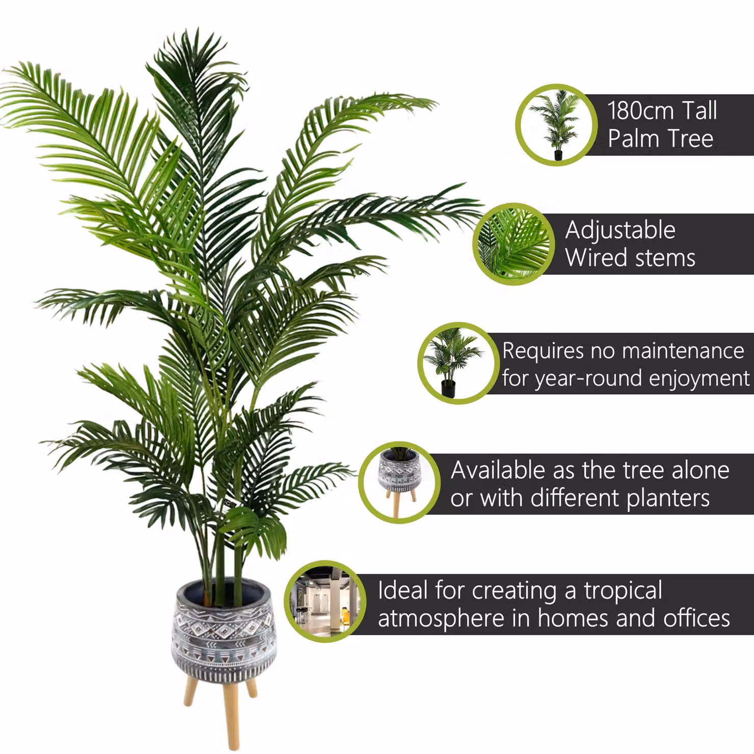Pegdev 180cm Artificial Palm Tree in a Black Pot, Green – 3