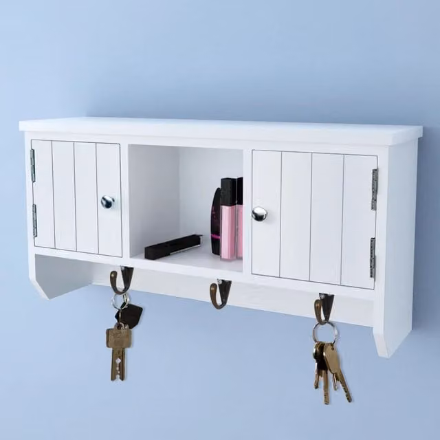 Berkfield Home White Lacquered Wall Mounted Key and Jewellery Cabinet with Hinged Doors and Internal Shelves