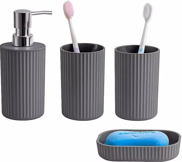 Kelvenix Matt Grey Rubber Coated Soap Dish, Tumbler and Soap Dispenser Set