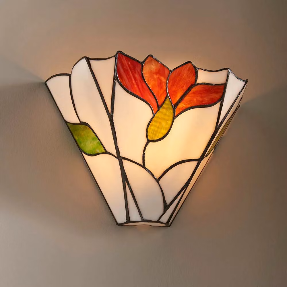 Loops Tiffany Glass Floral Design Wall Light in Dark Bronze Effect with Multicolour Transparent Glass and Dimmable LED – 2