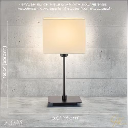 Happy Homewares Modern Black Metal Bedside Table Lamp with White Fabric Shade H 33 cm x W 16 cm x D 10 cm – 2