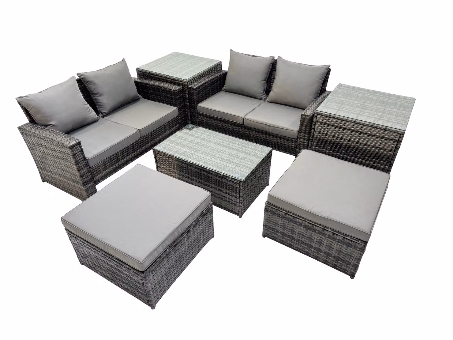 Fimous 6 Seater Dark Grey PE Rattan Outdoor Furniture Set with 2 Stools and 2 Side Tables – 2