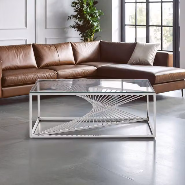 Orsina Modern Rectangular Glass Coffee Table with Silver Metal Frame, W/D/H: 120 x 60 x 45 cm – 2