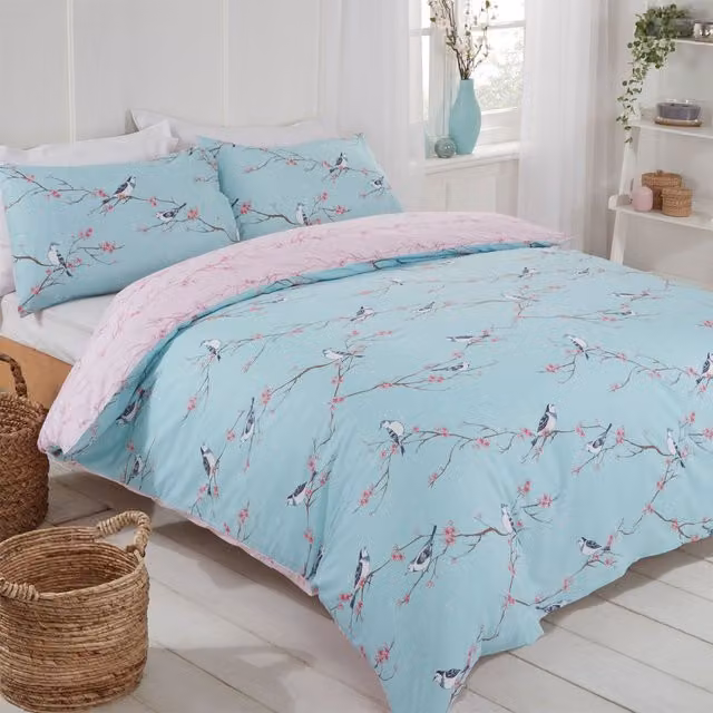 Dreamscene Blossom Bird Reversible Duvet Cover and Pillowcases, Blue, Single, W: 90 cm, L: 200 cm
