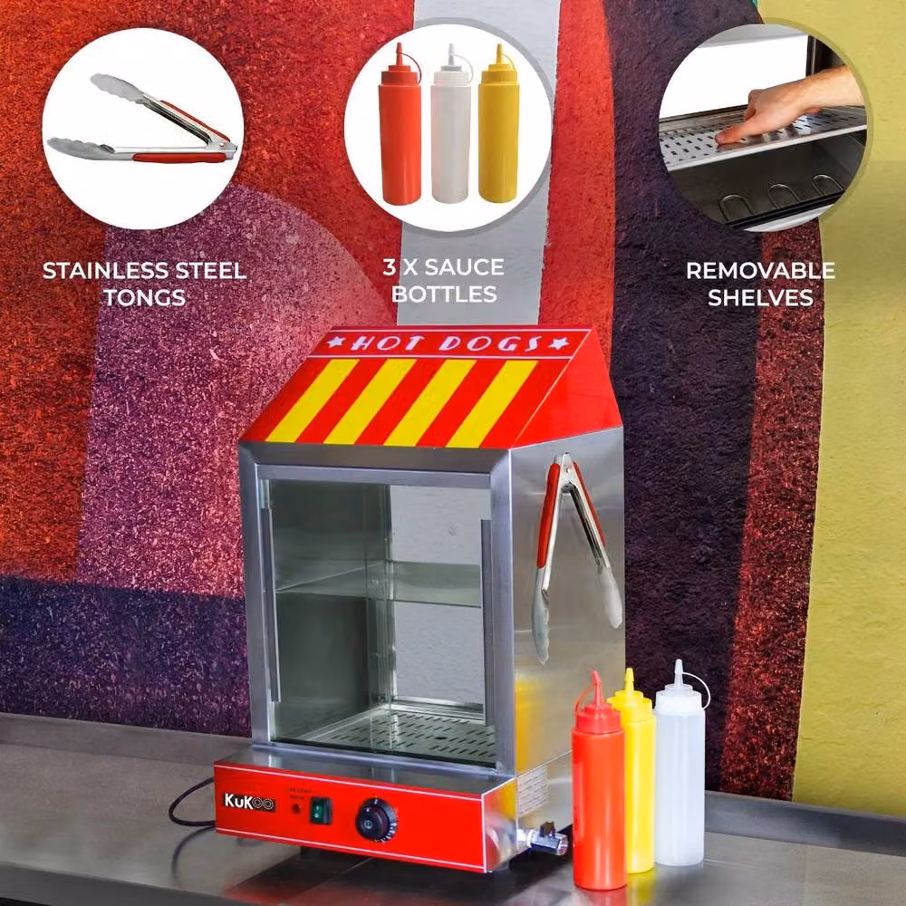 Kukoo Commercial Hot Dog Steamer in Red with Stainless Steel and Glass Construction – 2