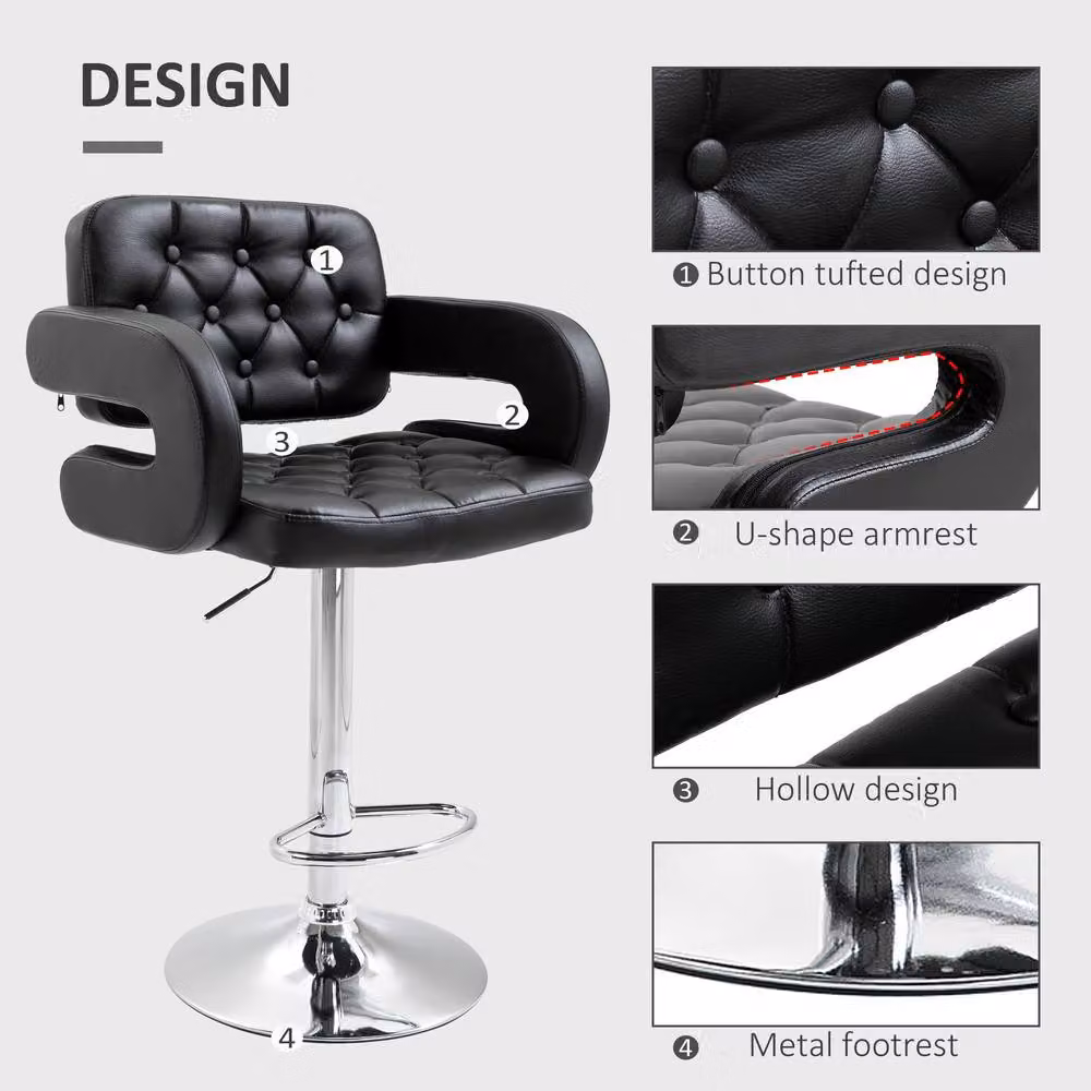 ERGOVEXA Luxe PU Leather Swivel Bar Stool with Armrests in Black – 7