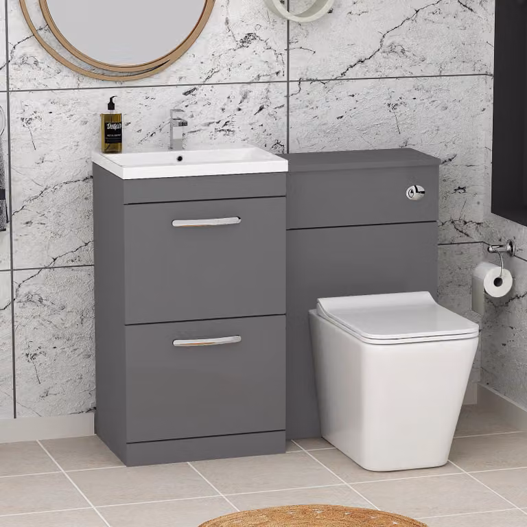 Royal Bathrooms Turin 2-Drawer Indigo Grey Gloss Mid-Edge Floor Standing Bathroom Furniture Pack with Slim Elena Toilet