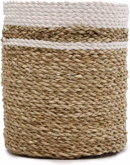KDMK Handcrafted Brown Seagrass Vase and Bin Set with Striped Open Weave Boho Design