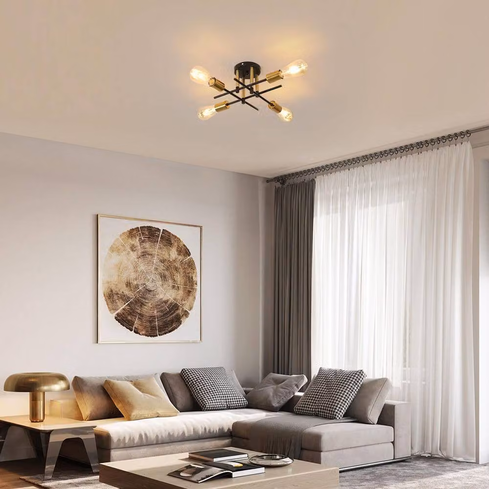 Goeco Industrial 4-Light Ceiling Chandelier in Black and Gold/Brass with E27 Fittings – 2