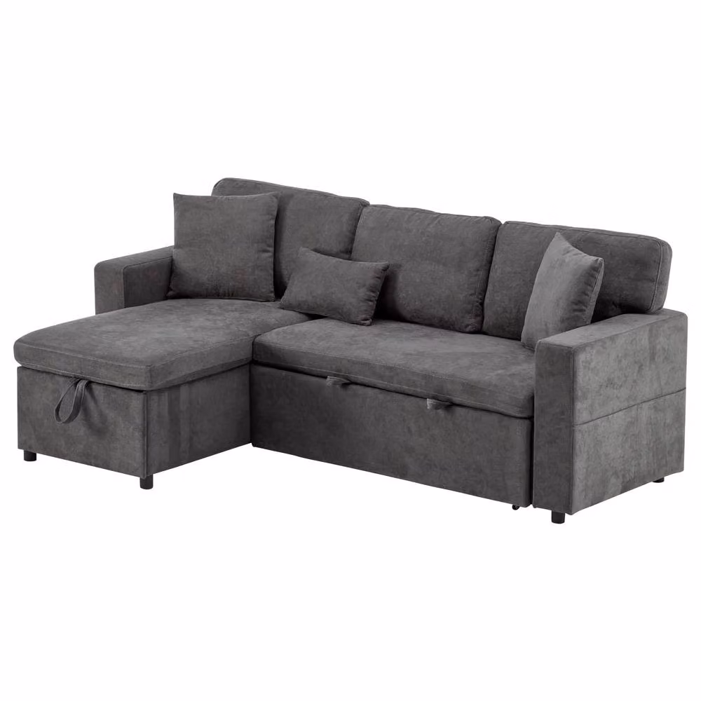 Tokpiedi 3 Seater L-Shaped Reversible Sectional Sofa Bed with USB Charging and Side Shelf in Grey Fabric – 8