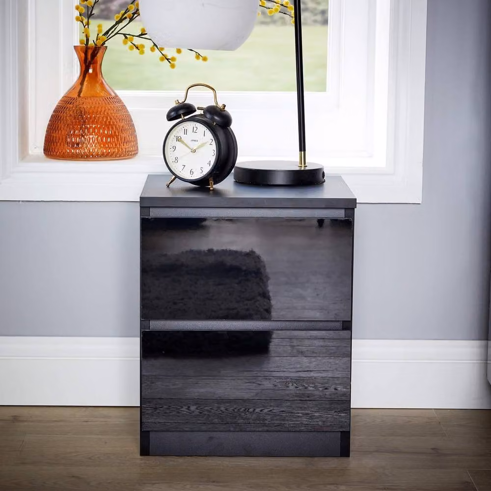 FORGEVIO Modern 2 Drawer Bedside Cabinet Nightstand in Black Glossy Finish – 3